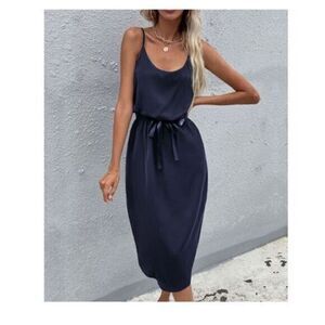 JIM&NORA | Navy Blue Tie-Waist Sleeveless Dress - Women Size L # A370